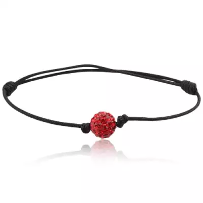 Shamballa karkötő, fekete zsinór piros cirkóniás golyóval