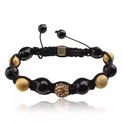 Shamballa karkötő, fekete és arany színű gyöngyök, sárga cirkóniás golyó