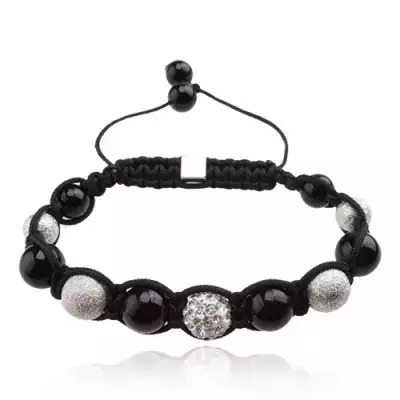 Shamballa karkötő, fekete és ezüst színű gyöngyök, átlátszó cirkóniás golyó