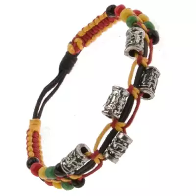 Színes zsinóros karkötő, díszes fém hengerek és gyöngyök