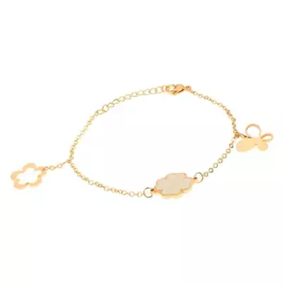 Arany színű acél fülbevaló, lánc, lepke, négy levél, virág