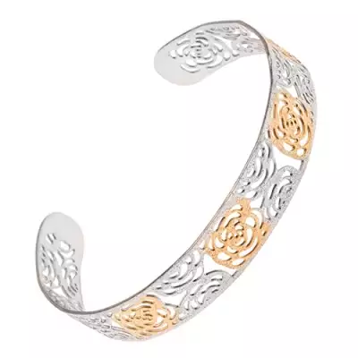 Kivágott, arany-ezüst szemcsés karkötő acélból, rózsa motívum