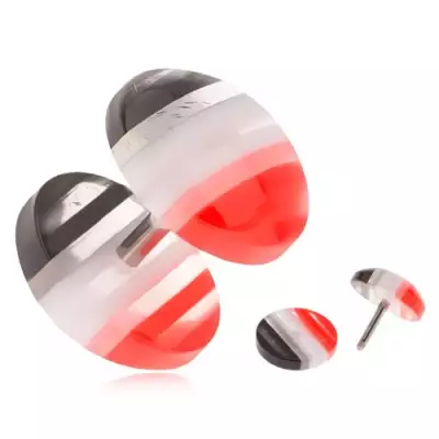 Fake plug akrylból, kidomborodó kerekek, piros, fehér és fekete sávok