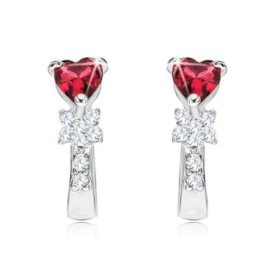 Fülbevaló 925 ezüstből, piros szívecskés kő, virág, tiszta cirkóniák
