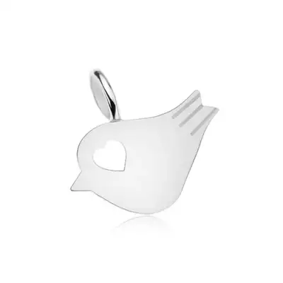 Medál 925 ezüstből, fényes, lapos madárka, szív alakú kivágás