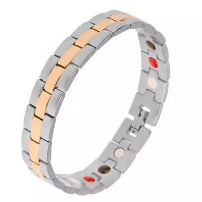 Mágneses acél karkötő ezüst színben, matt és fényes elemek