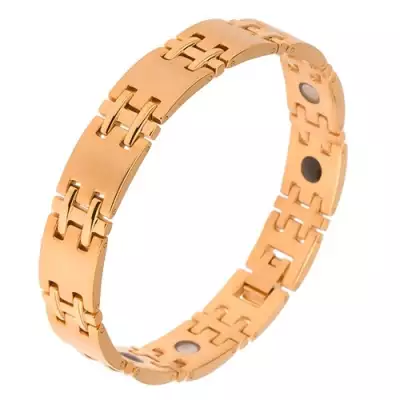 Matt karkötő sebészeti acélból, arany szín, fényes H kapcsolások, mágnesek