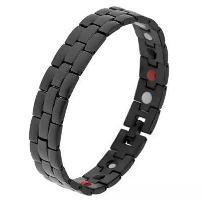 Acél karkötő, fekete színben, matt és fényes sávok, színes mágnesek