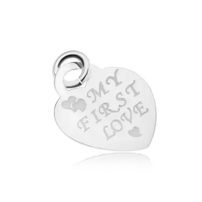 Ezüst 925 medál, egyenletes szívecske, fényes és lapos, MY FIRST LOVE