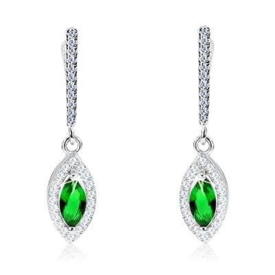 Fülbevaló 925 ezüstből, csúcsos ovális, sötétzöld kő, átlátszó cirkóniás keret