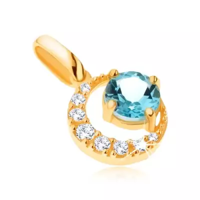 Medál 9K sárga aranyból, cirkóniás félhold, kerek, kék topáz