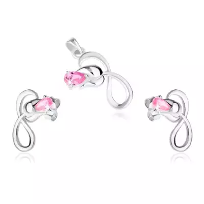 925 ezüst szett, fülbevaló és medál, rózsa hurokkal, rózsaszín kő