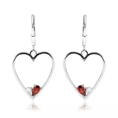 Fülbevaló 925 ezüstből, szimmetrikus szív körvonal, piros és átlátszó cirkónia