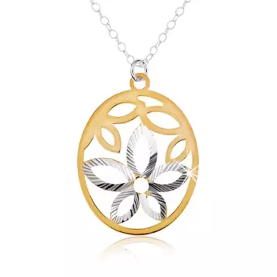 925 ezüst nyakék, ovális medál, virág kivágás, arany színű szirmok