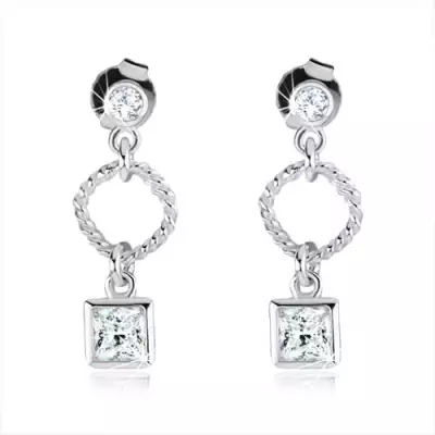 Ezüst fülbevaló 925, rombusz körvonal, átlátszó cirkóniás négyzet