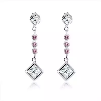 Fülbevaló 925 ezüstből, cirkóniás négyzet, kerek lila kövek