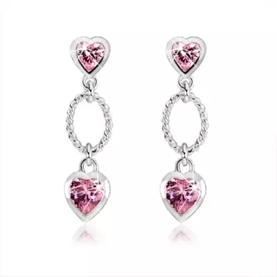 925 ezüst fülbevaló, két rózsaszín cirkóniás szív, díszített ovális