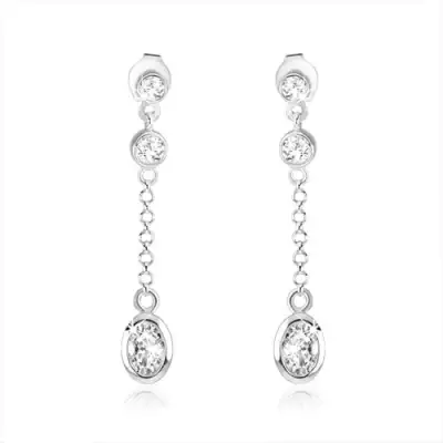 Bedugós fülbevaló, 925 ezüst, kerek és ovális átlátszó cirkónia, lánc
