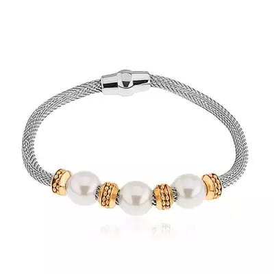 Acél karkötő, gyöngyök, arany színű karikák, hálómintás lánc