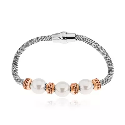 Acél karkötő, karikák réz színben, gyöngyök fénnyel