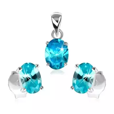 925 ezüst szett - medál és fülbevaló, világoskék cirkóniás ovális
