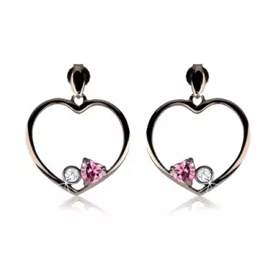 Fülbevaló 925 ezüstből, acélszürke szív körvonal, rózsaszín szív, átlátszó cirkónia