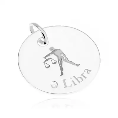 Kerek fényes 925 ezüst medál, MÉRLEG csillagjegy, átlátszó cirkónia