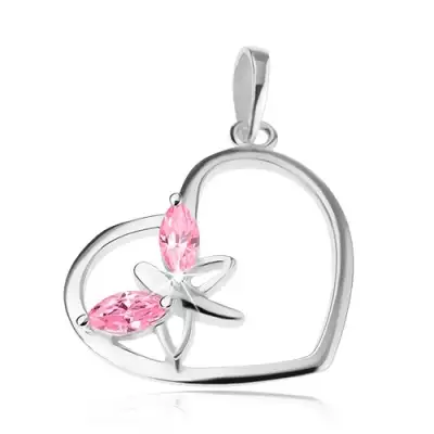Medál 925 ezüstből, szív kontúr, pillangó - rózsaszín cirkóniás szárnyak