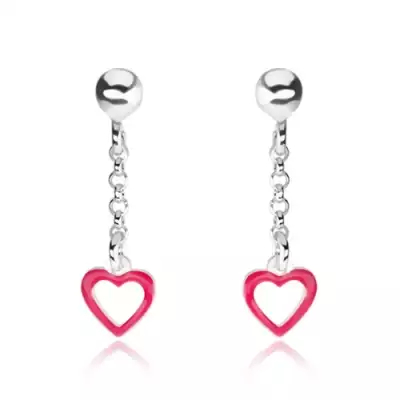 925 ezüst fülbevaló, golyó, lánc, rózsaszín szív kontúr