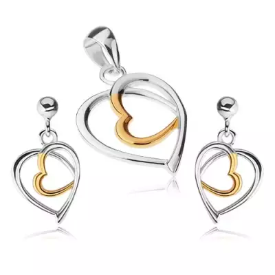 925 ezüst szett - medál és fülbevaló, szívkörvonal, arany és ezüst szín
