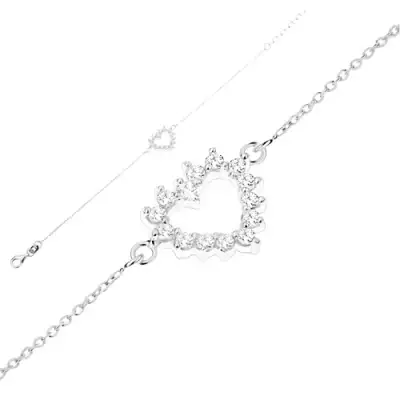 925 ezüst karkötő, finom lánc, szív kontúr - átlátszó cirkóniák