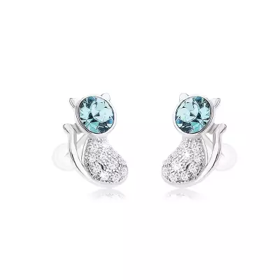 925 ezüst fülbevaló, ragyogó macska, kerek cirkónia kék színben