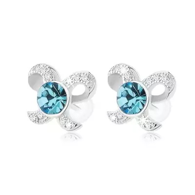 925 ezüst fülbevaló, csillogó masni, kerek cirkónia kék színben