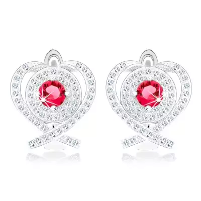 Ródiumozott 925 ezüst fülbevaló, szív kontúr, keresztezett vonalak, kerek piros cirkónia