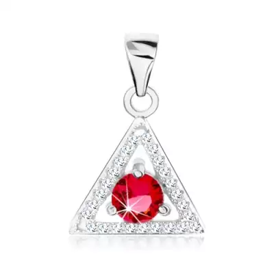 Medál 925 ezüstből, háromszög körvonal - átlátszó cirkóniák, kerek piros kő