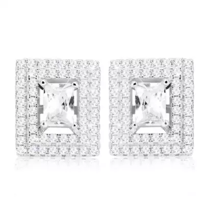 925 ezüst fülbevaló, téglalap alakú csiszolt cirkónia, dupla szegély