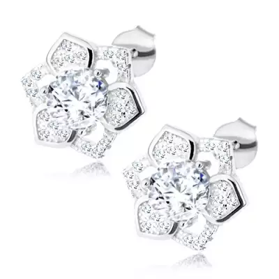 Fülbevaló, 925 ezüst, csillogó virág, átlátszó cirkóniák