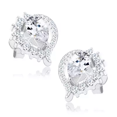 Fülbevaló, 925 ezüst, aszimmetrikus könnycsepp körvonal, csiszolt átlátszó cirkónia