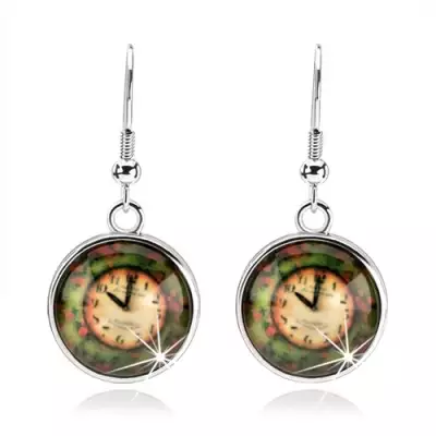 Kerek fülbevaló - kaboson, kidomborodó fénymáz, óra színes hátlapon