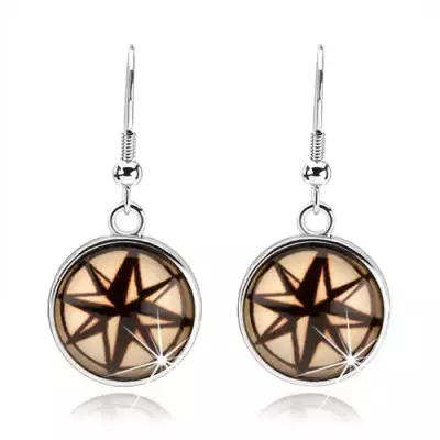 Kör fülbevaló cabochon stílusban, fekete-krém nyolc ágú csillag