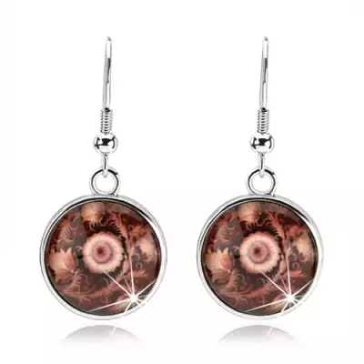 Kör fülbevaló, kidomborodó fénymáz, barna-fehér virág, szár kinövésekkel