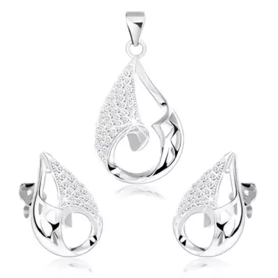 Szett fülbevalóból és medálból, 925 ezüst, könnycsepp - aszimmetrikus kivágás, átlátszó cirkóniák