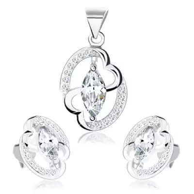 Szett - 925 ezüst, fülbevaló és medál, elipszis körvonal, összekapcsolt szívek