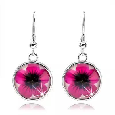 Cabochon fülbevaló, kidomorodó üveg, rózsaszín virág fehér alapon