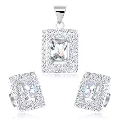 925 ezüst szett, fülbevaló medállal, cirkóniás téglalap, kettős keret