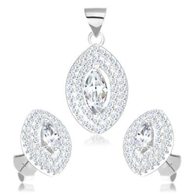 Szett fülbevalóból és medálból, 925 ezüst, átlátszó cirkóniás magszem kettős kerettel