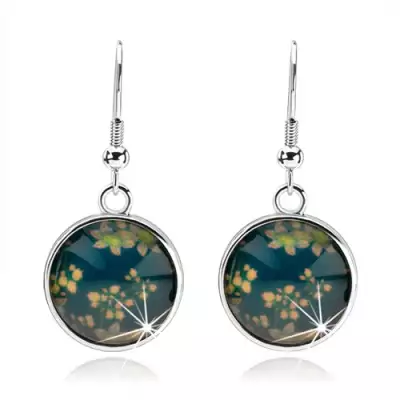 Kaboson fülbevaló, kör fénymázzal, virág minta, kék alap