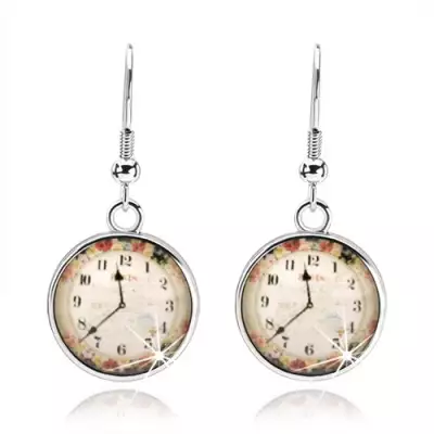 Fülbevaló, kaboson stílus, átlátszó fénymáz, óra, színes vírágok