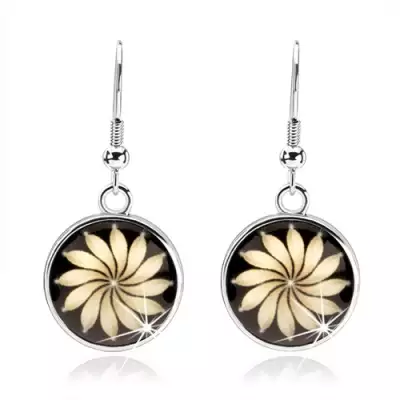 Cabochon fülbevaló, kidomboró fénymáz, sárga virág tekert szirmokkal