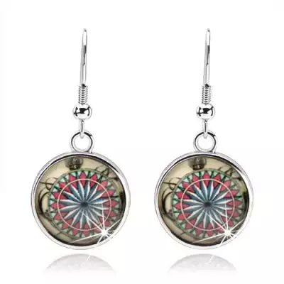 Cabochon fülbevaló, kidomborodó üveg, virág színes geometriai alakzatokkal